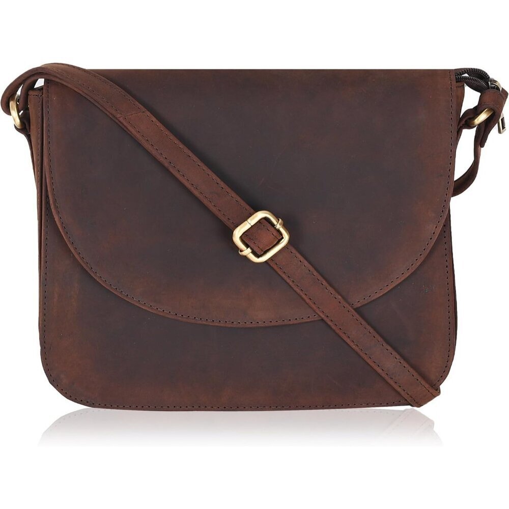 Genuine Leather Hunt Brown Crossbody Purse Women Adjustable Strap Zipper Pockets